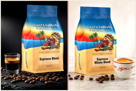 Espresso Blend and Espresso Milano Blend bags with espresso cups. Two RoCo espressos, two jobs.