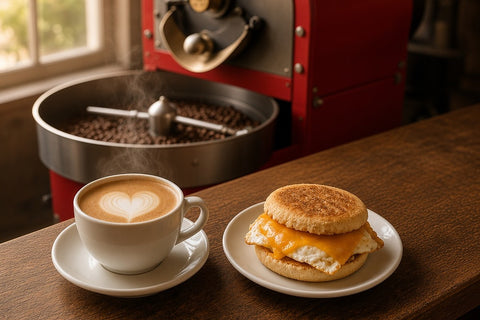 A latte with heart latte art next to an egg and cheddar breakfast sandwich on an English muffin, on the wood bar in front of a red coffee roaster at RoCo's Motor Way cafe.