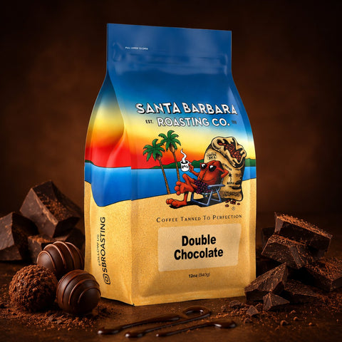 Double Chocolate flavored coffee bag surrounded by chocolate chunks and truffles