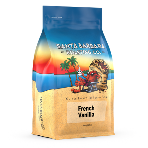12 oz bag of French Vanilla flavored coffee, angled front view