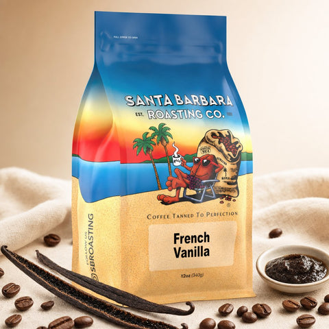 French Vanilla flavored coffee bag with vanilla pods and a dish of vanilla