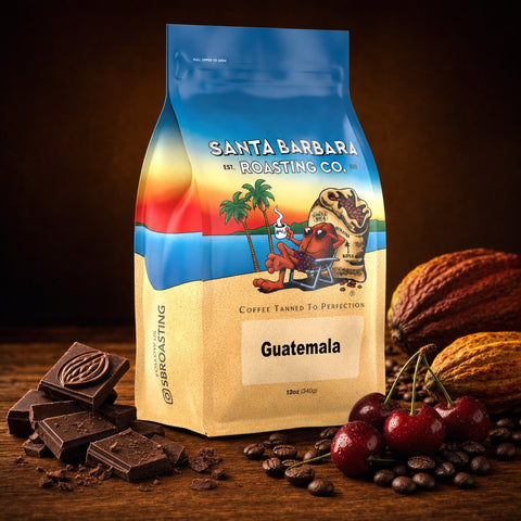 Guatemala coffee bag with a cacao pod, chocolate and red cherries