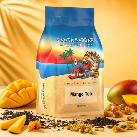Bag of Mango tea with fresh mango cubes and loose tea leaves