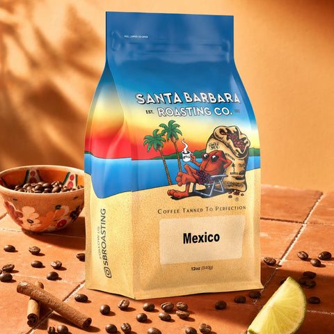 Mexico coffee bag with a clay bowl of cocoa, cinnamon and lime