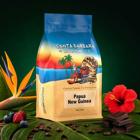 Papua New Guinea coffee bag with a bird-of-paradise flower and red hibiscus