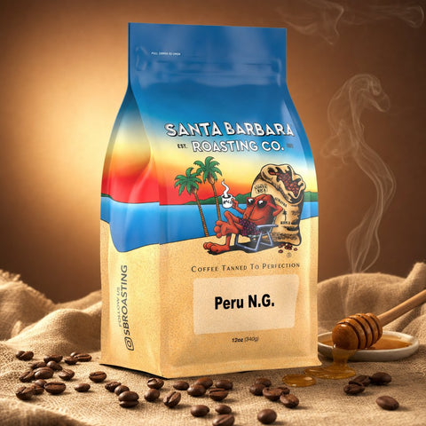 Peru Naturally Grown coffee bag with a honey dipper and burlap