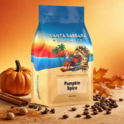 Pumpkin Spice flavored coffee bag with a small pumpkin, cinnamon sticks and autumn leaves