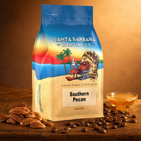 Southern Pecan flavored coffee bag with pecans and a jar of honey