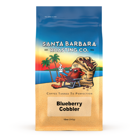 12 oz bag of Blueberry Cobbler flavored coffee, front label