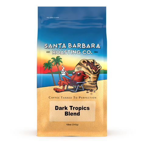 12 oz bag of Dark Tropics Blend coffee, front label