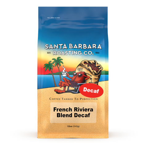 12 oz bag of French Riviera Blend Decaf coffee with red decaf badge