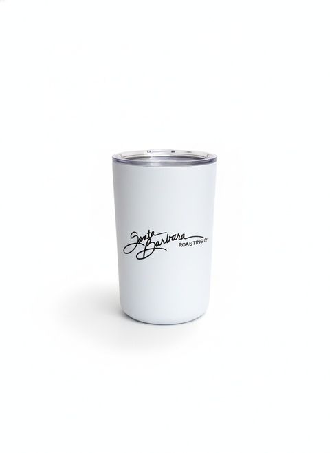 White Apollo 11 oz can cooler tumbler with black script logo