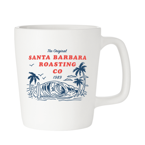 White 11 oz Arlo mug with "The Original Santa Barbara Roasting Co 1989" wave print