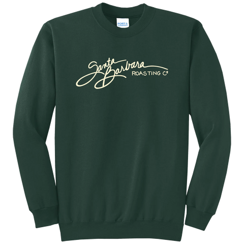 Forest green crewneck sweatshirt with cream script logo across the chest