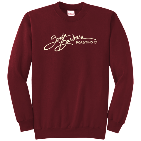 Burgundy crewneck sweatshirt with cream script logo across the chest
