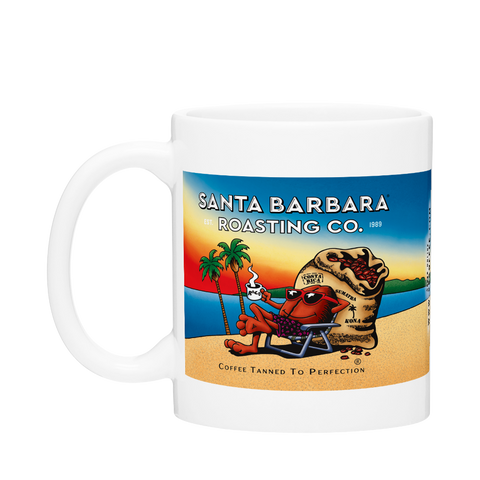 Full Color C-Handle mug from the other side, showing the palm trees and Santa Barbara Roasting Co. title