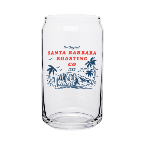 16 oz glass can tumbler printed with "The Original Santa Barbara Roasting Co 1989" wave design