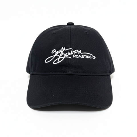 Black baseball cap with white script logo, front view
