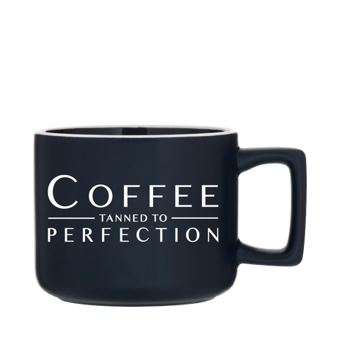 Navy Helio 12 oz mug printed "Coffee Tanned to Perfection"