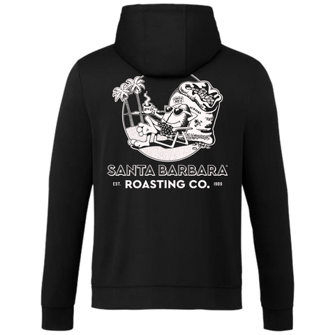 Back of the black pullover hoodie with the large beach-scene logo