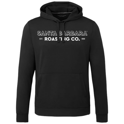 Black pullover hoodie with a white Santa Barbara Roasting Co. chest print