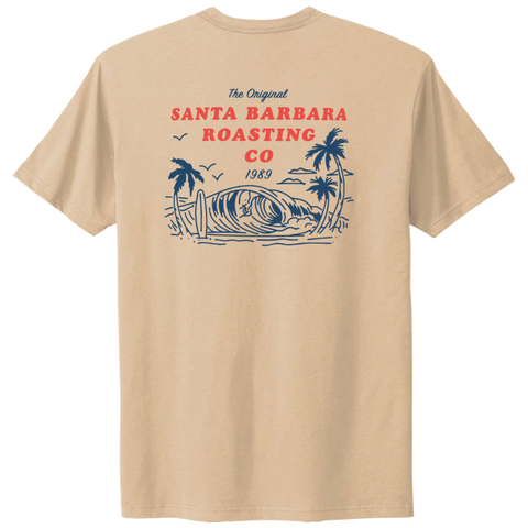 Back of the cream T-shirt with "The Original Santa Barbara Roasting Co" palm-tree print