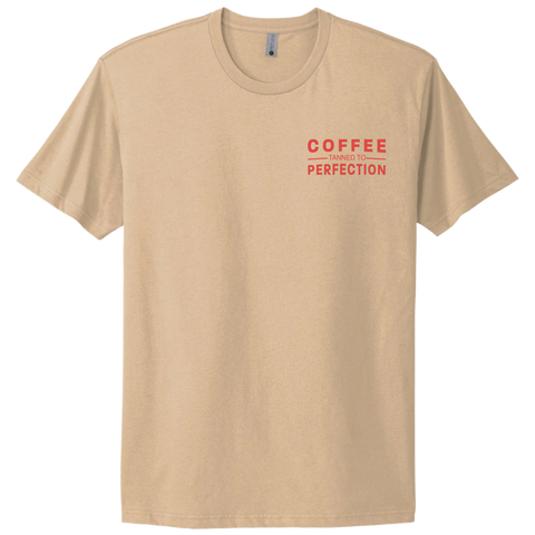 Cream T-shirt with small red "Coffee Tanned to Perfection" chest print