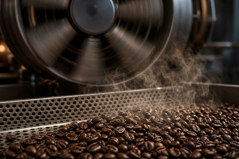 Roasted beans cooled with moving air after roast (no water quench).