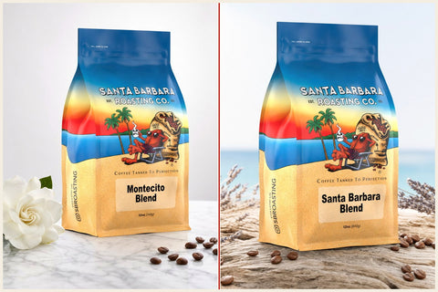 Montecito Blend and Santa Barbara Blend bags. RoCo mixes roast levels, not just origins.