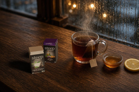 A glass mug of hot black tea with honey and lemon on a dark wood counter by a rainy window, next to boxes of Organic English Breakfast and Earl Grey tea bags.