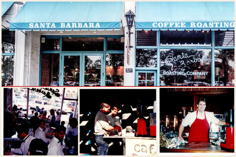 Archive collage of Santa Barbara Roasting Company: Motor Way storefront, cafe, and early roasting days.