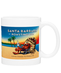 White C-handle mug with a full color beach scene: a cartoon character in a beach chair holding coffee, palm trees and "Coffee Tanned to Perfection"