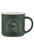 Green Kindle camp mug with a cream rim and the arched palm tree Santa Barbara Roasting Co logo